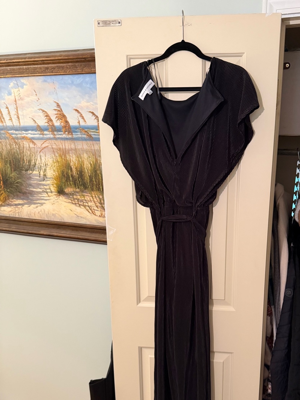 Emma & Michele Black Pleated V-Neck Jumpsuit with Waist Tie